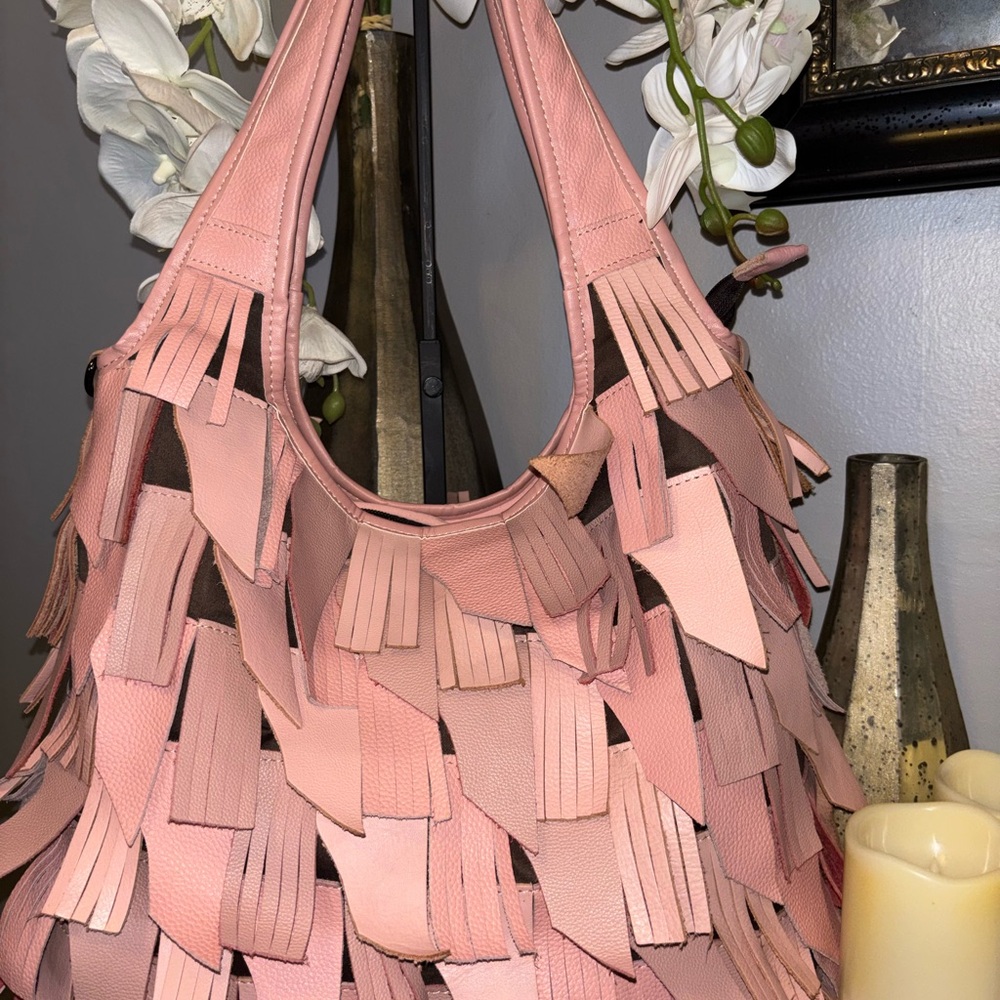 Chaos by Elsie Pink Leather Fringe Hobo Shoulder Bag.
